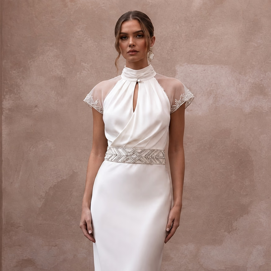 Effortless Ivory Silk Sheath Dress for Rehearsal Dinner - Apparel & Accessories > Clothing > Wedding & Bridal Party Dresses > Wedding Dresses - Mignonette Bridal