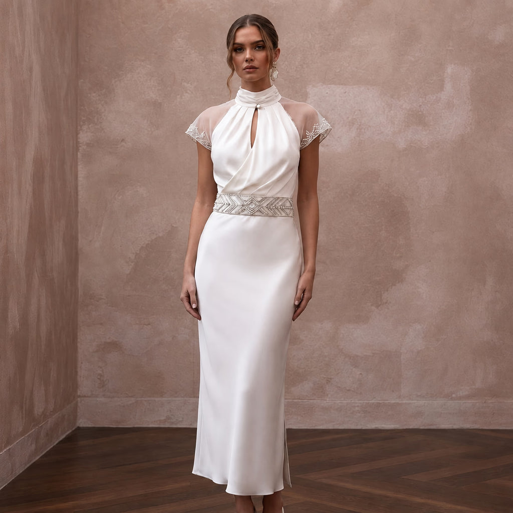 Effortless Ivory Silk Sheath Dress for Rehearsal Dinner - Apparel & Accessories > Clothing > Wedding & Bridal Party Dresses > Wedding Dresses - Mignonette Bridal