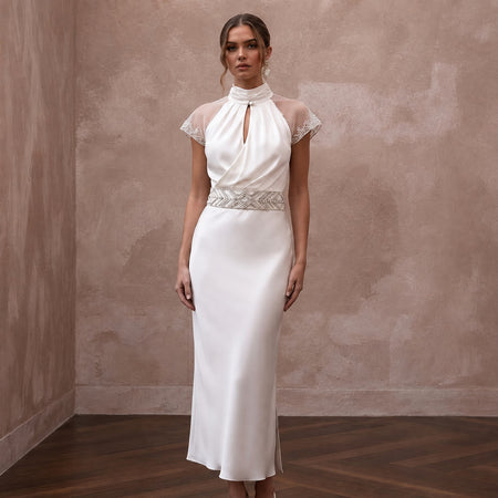 Effortless Ivory Silk Sheath Dress for Rehearsal Dinner - Apparel & Accessories > Clothing > Wedding & Bridal Party Dresses > Wedding Dresses - Mignonette Bridal