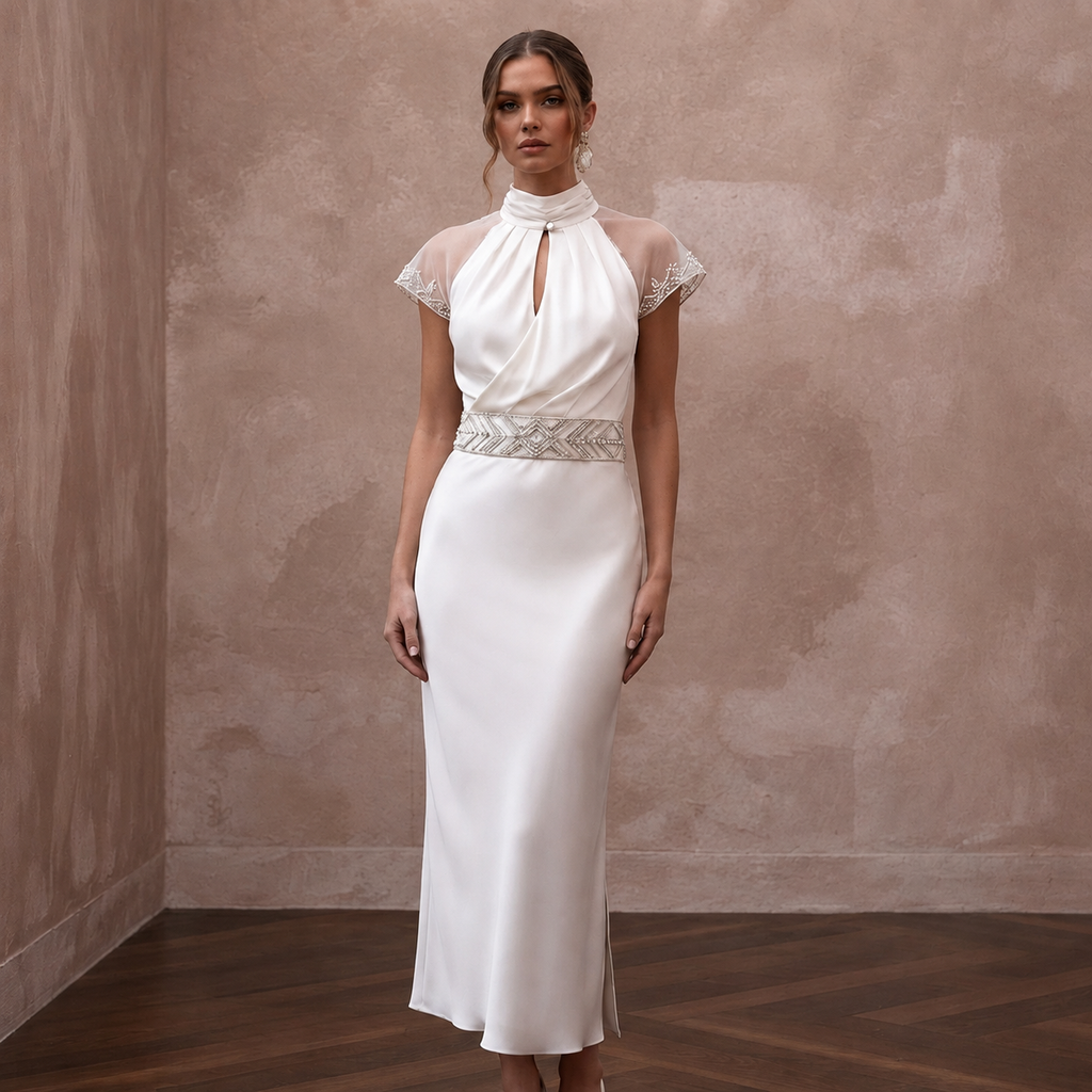 Effortless Ivory Silk Sheath Dress for Rehearsal Dinner