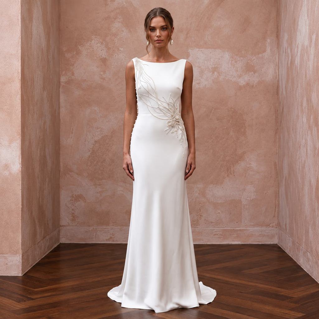 Effortless Ivory Silk Sheath Wedding Dress for Rehearsal Dinner