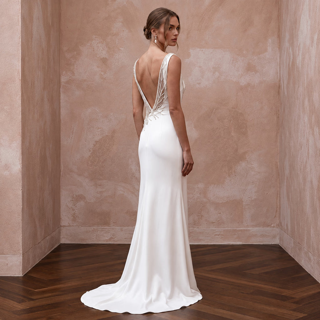 Effortless Ivory Silk Sheath Wedding Dress for Rehearsal Dinner