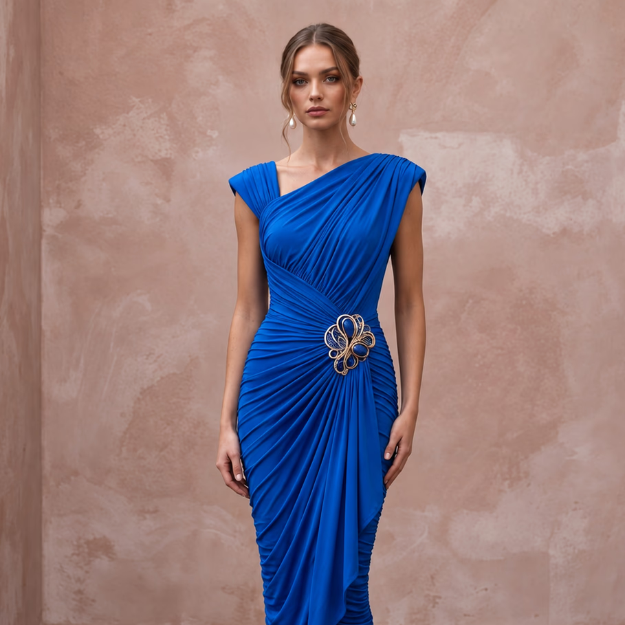 Electric Blue Stretch Jersey Ruched Bodycon Midi Dress for Cocktail Hour