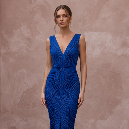 Electric Blue Stretch Jersey Ruched Bodycon Midi Dress for Cocktail Hour