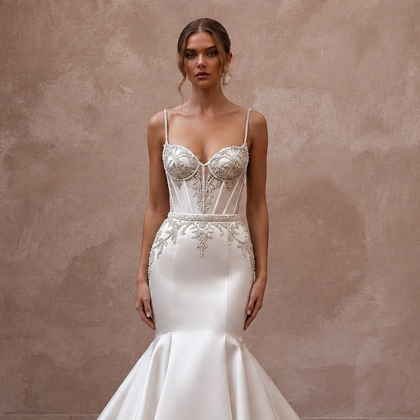 Elegant Beaded Satin Wedding Dress with Mermaid Silhouette