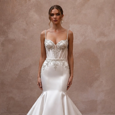 Elegant Beaded Satin Wedding Dress with Mermaid Silhouette
