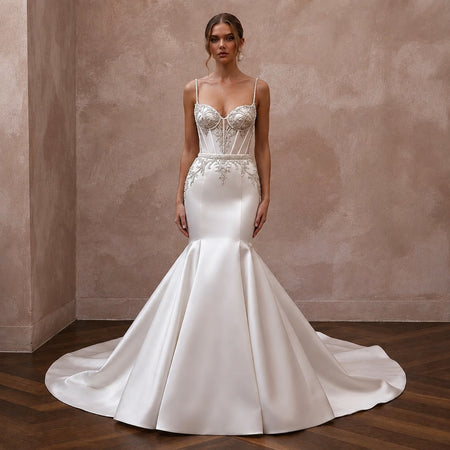 Elegant Beaded Satin Wedding Dress with Mermaid Silhouette