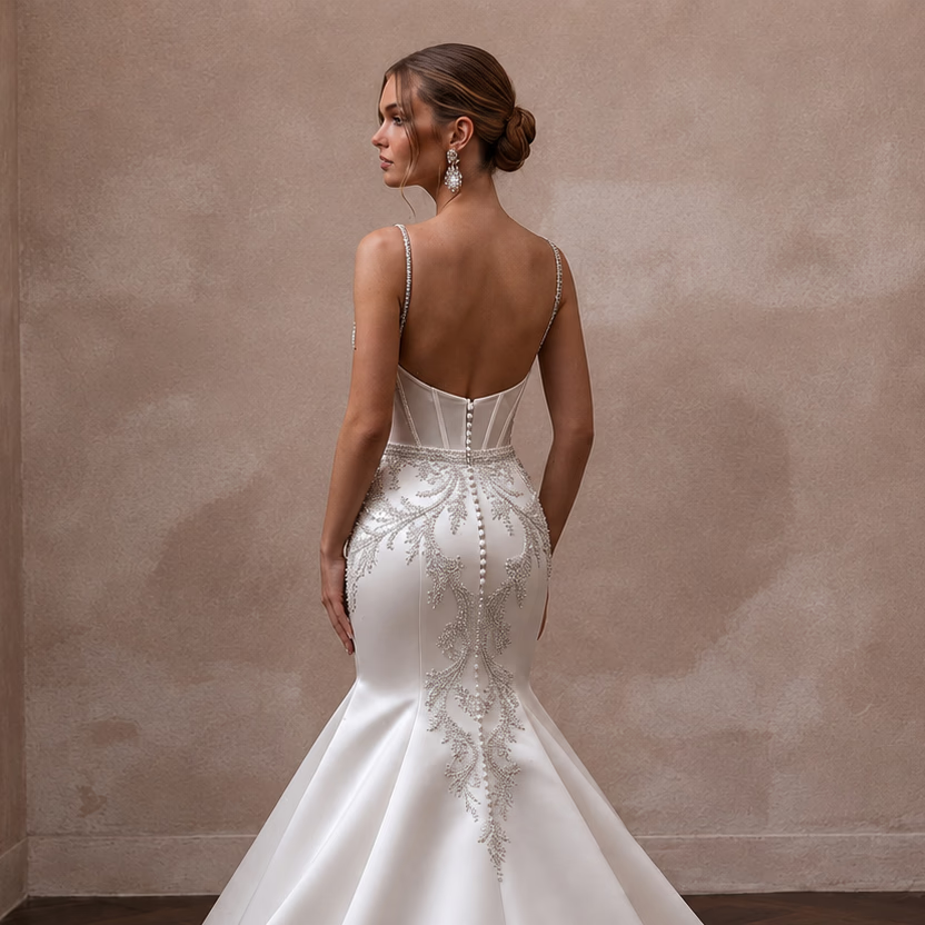 Elegant Beaded Satin Wedding Dress with Mermaid Silhouette