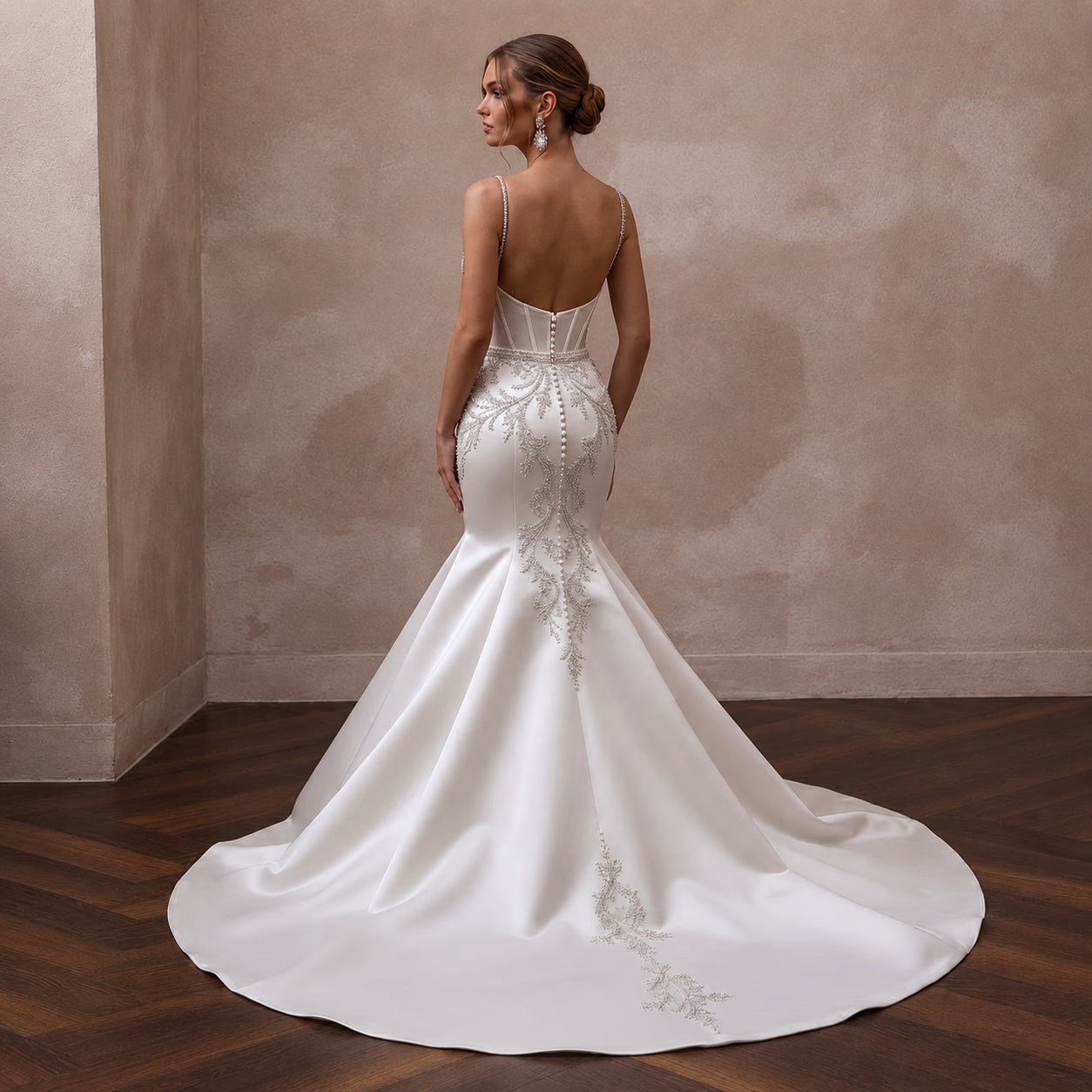 Elegant Beaded Satin Wedding Dress with Mermaid Silhouette