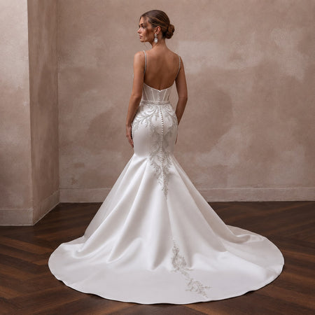 Elegant Beaded Satin Wedding Dress with Mermaid Silhouette