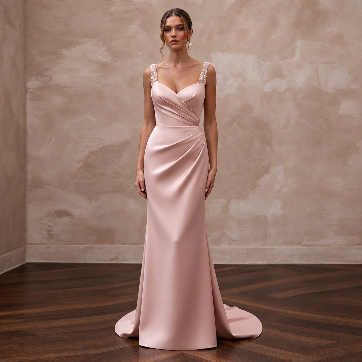 Elegant Blush Silk Sheath Wedding Gown for Bridal Shower Luncheon