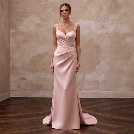 Elegant Blush Silk Sheath Wedding Gown for Bridal Shower Luncheon