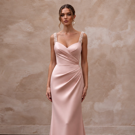 Elegant Blush Silk Sheath Wedding Gown for Bridal Shower Luncheon