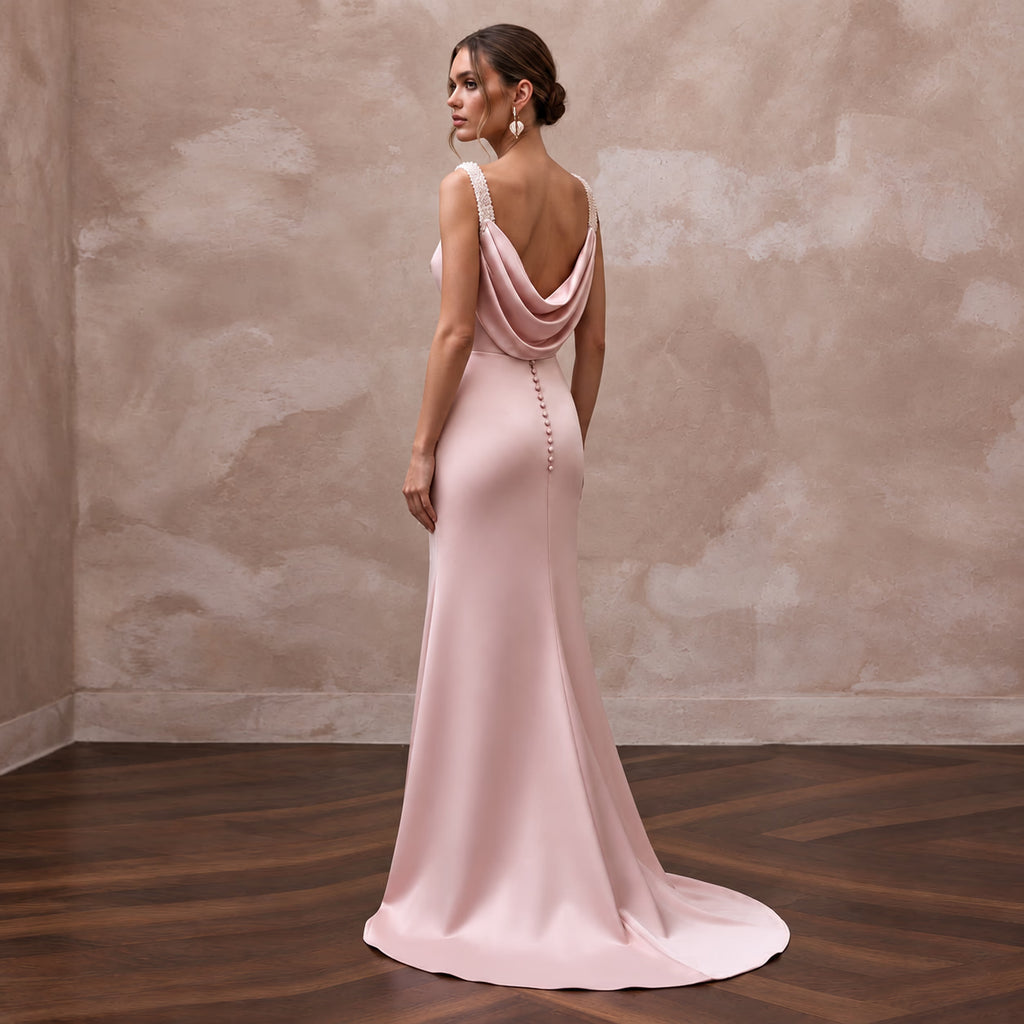 Elegant Blush Silk Sheath Wedding Gown for Bridal Shower Luncheon