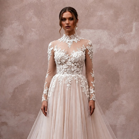 Elegant Bridal Gowns with Floral Lace Cathedral Trains - Apparel & Accessories > Clothing > Wedding & Bridal Party Dresses > Wedding Dresses - Mignonette Bridal