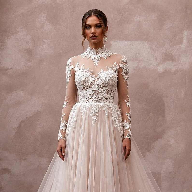 Elegant Bridal Gowns with Floral Lace Cathedral Trains