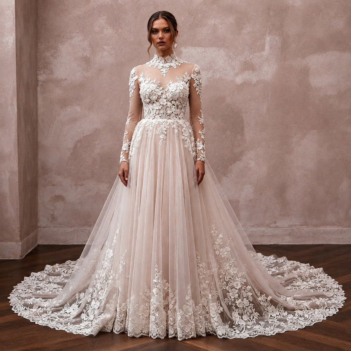 Elegant Bridal Gowns with Floral Lace Cathedral Trains - Apparel & Accessories > Clothing > Wedding & Bridal Party Dresses > Wedding Dresses - Mignonette Bridal