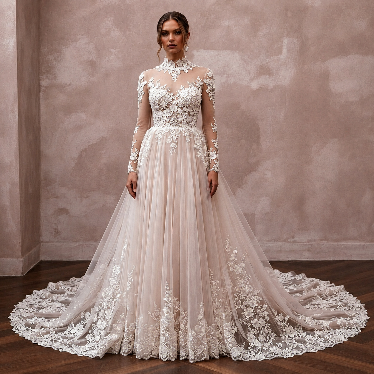 Elegant Bridal Gowns with Floral Lace Cathedral Trains Main image