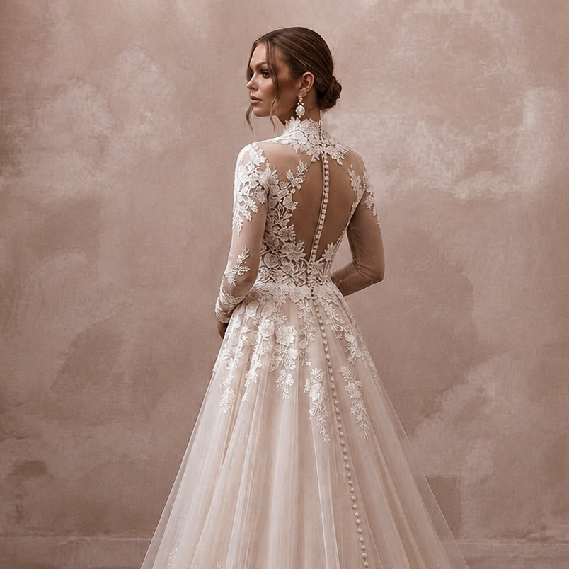 Elegant Bridal Gowns with Floral Lace Cathedral Trains - Apparel & Accessories > Clothing > Wedding & Bridal Party Dresses > Wedding Dresses - Mignonette Bridal