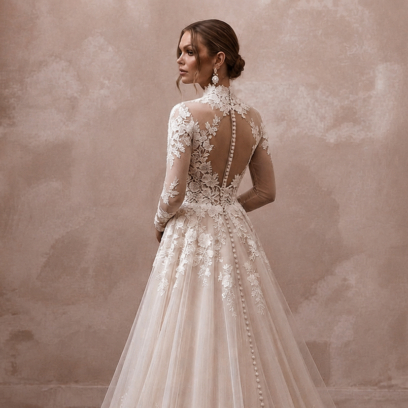 Elegant Bridal Gowns with Floral Lace Cathedral Trains