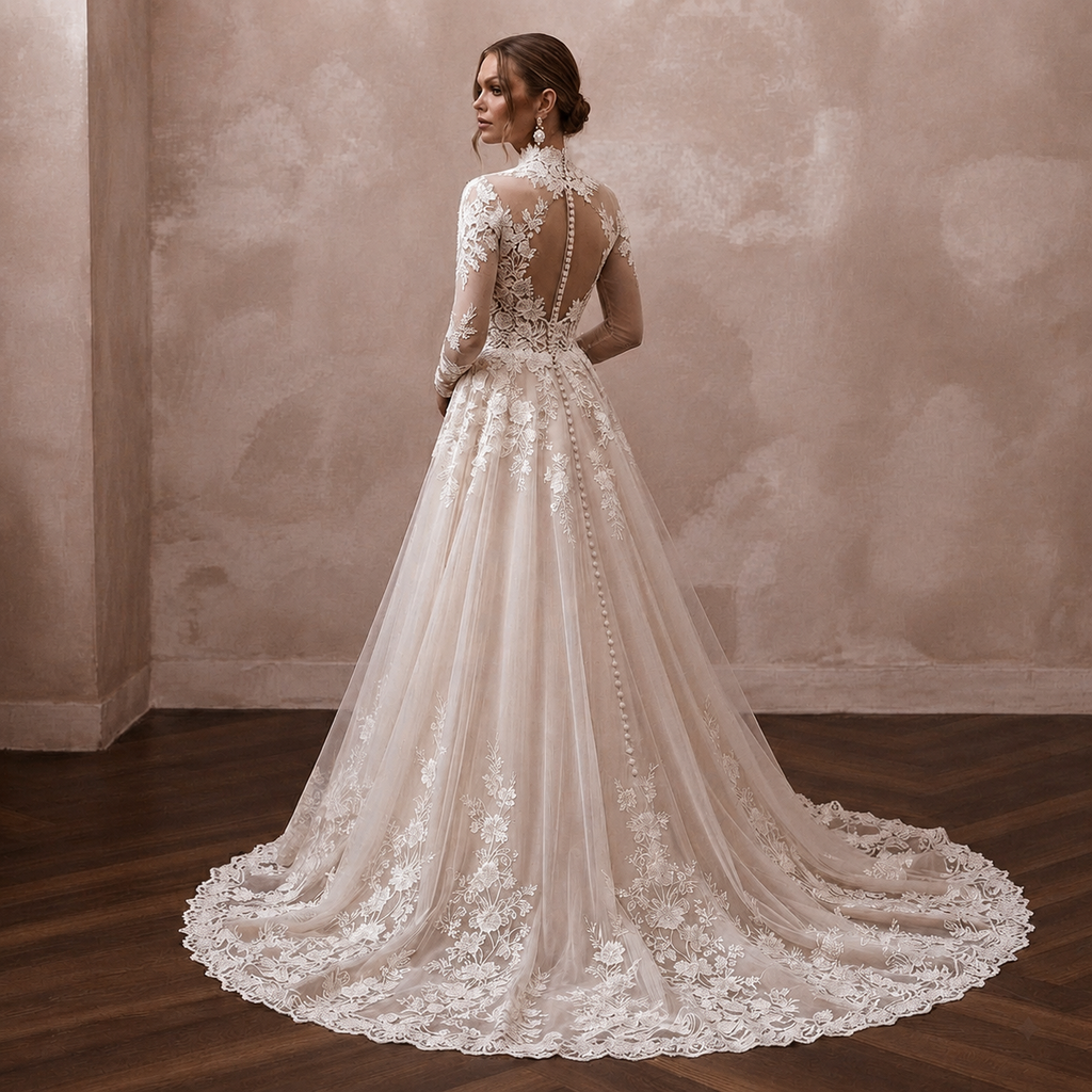 Elegant Bridal Gowns with Floral Lace Cathedral Trains