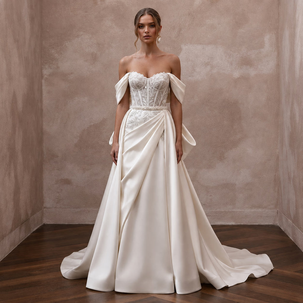Elegant Bridal Gowns with Soft Draped Satin Sleeves - Apparel & Accessories > Clothing > Wedding & Bridal Party Dresses > Wedding Dresses - Mignonette Bridal