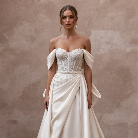 Elegant Bridal Gowns with Soft Draped Satin Sleeves - Apparel & Accessories > Clothing > Wedding & Bridal Party Dresses > Wedding Dresses - Mignonette Bridal