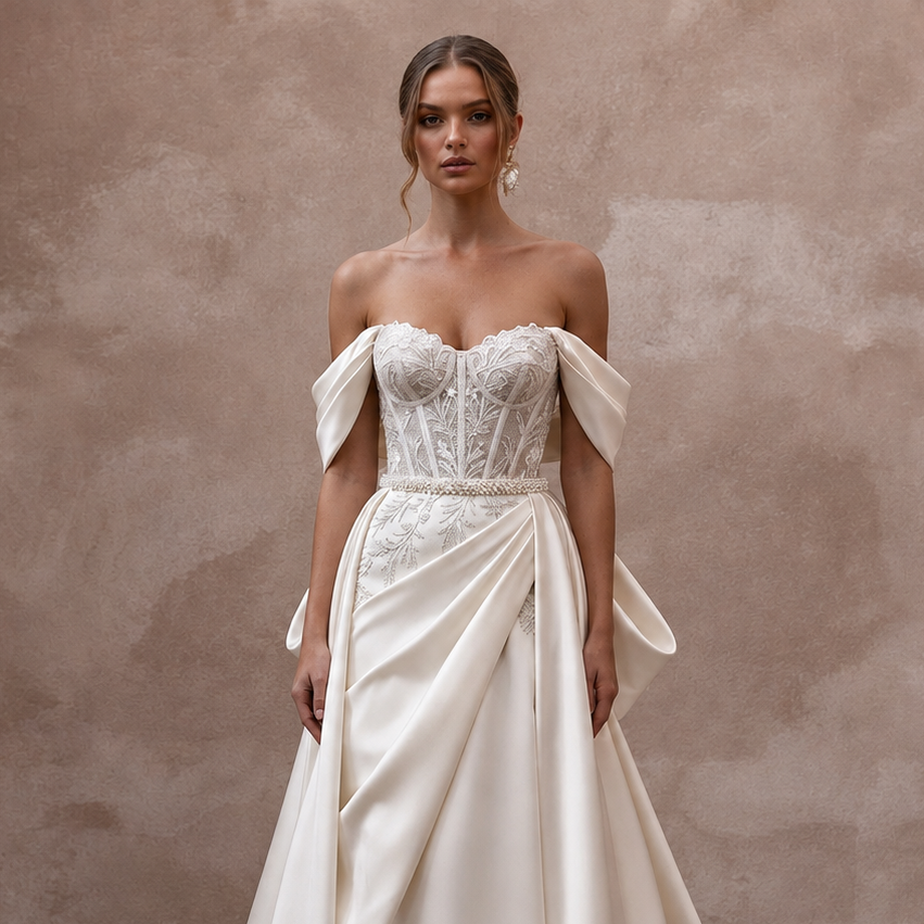 Elegant Bridal Gowns with Soft Draped Satin Sleeves
