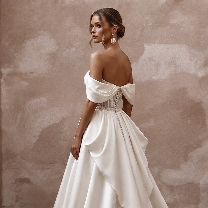 Elegant Bridal Gowns with Soft Draped Satin Sleeves