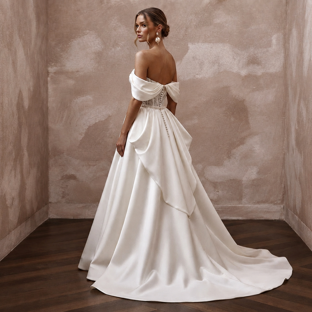Elegant Bridal Gowns with Soft Draped Satin Sleeves