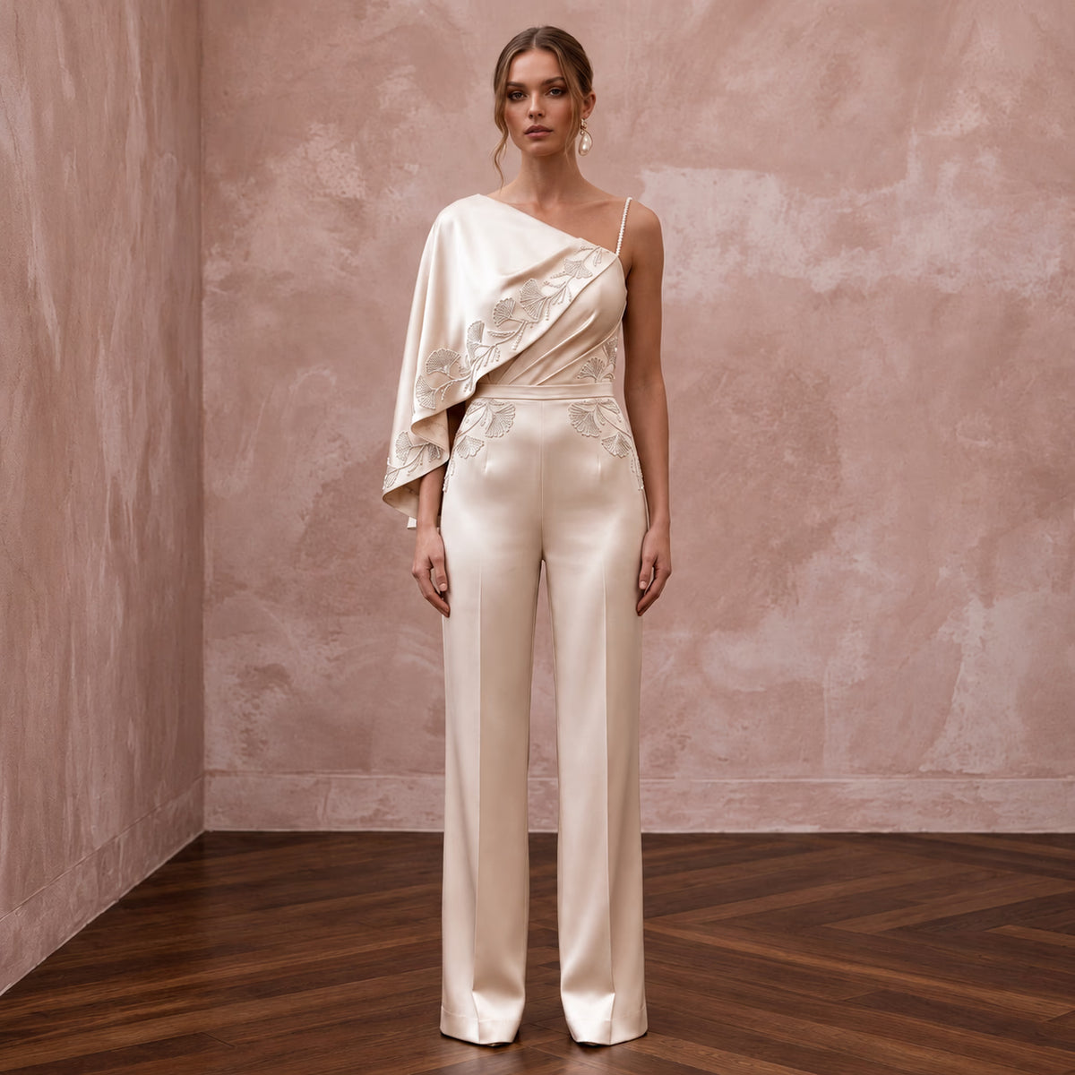 Elegant Champagne Silk Bridal Jumpsuit for Civil Wedding Ceremony Main image