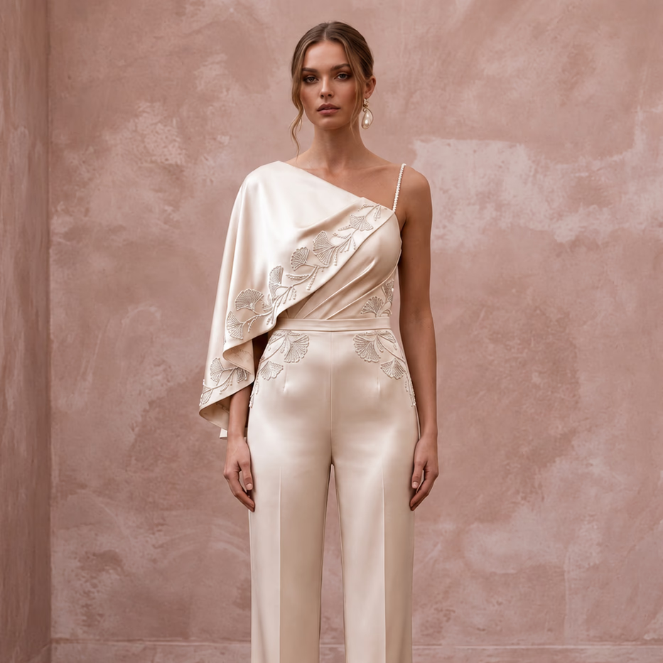Elegant Champagne Silk Bridal Jumpsuit for Civil Wedding Ceremony