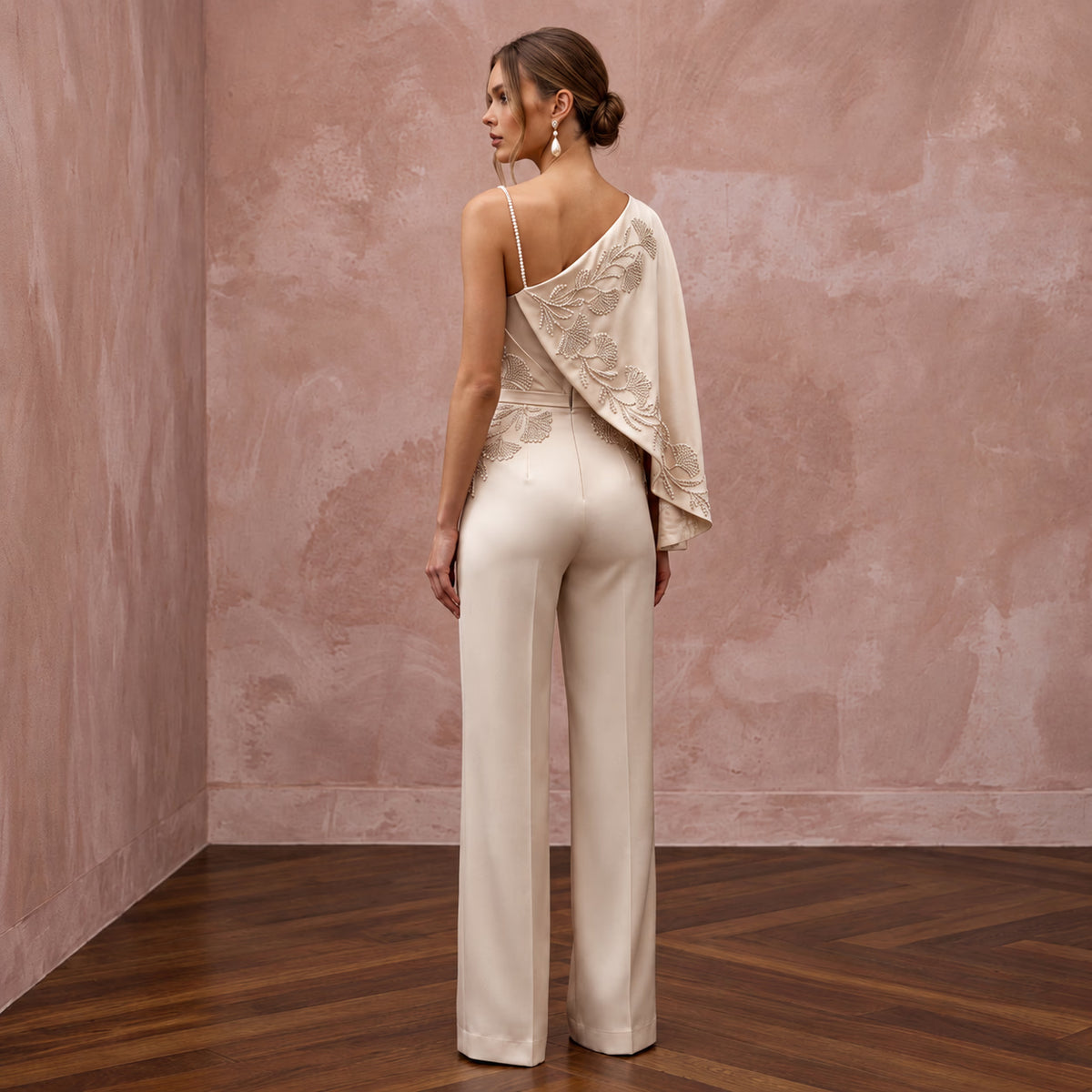 Elegant Champagne Silk Bridal Jumpsuit for Civil Wedding Ceremony