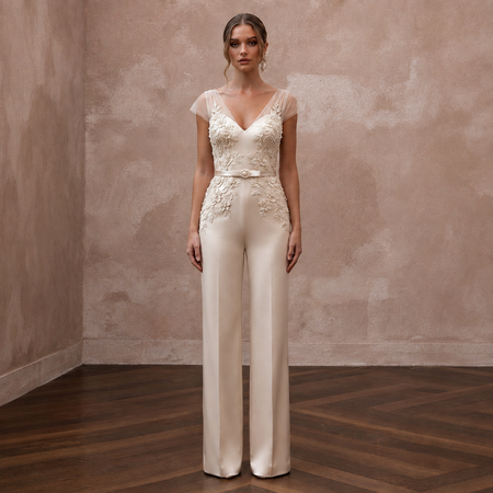 Elegant Champagne Silk Jumpsuit for Civil Wedding Ceremony