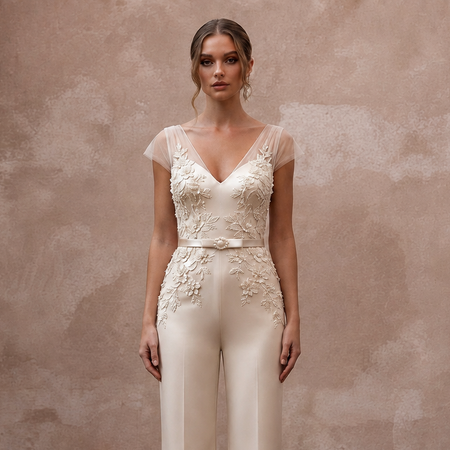 Elegant Champagne Silk Jumpsuit for Civil Wedding Ceremony