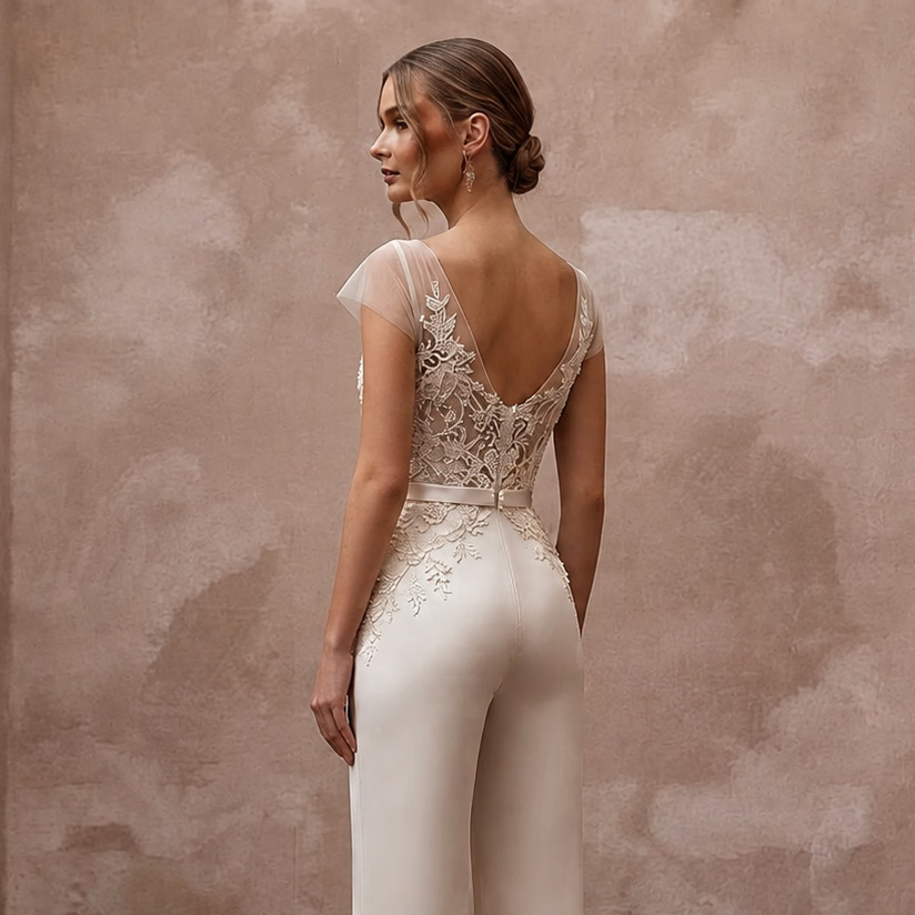 Elegant Champagne Silk Jumpsuit for Civil Wedding Ceremony - Apparel & Accessories > Clothing > Wedding & Bridal Party Dresses > Wedding Dresses - Mignonette Bridal