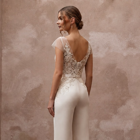 Elegant Champagne Silk Jumpsuit for Civil Wedding Ceremony - Apparel & Accessories > Clothing > Wedding & Bridal Party Dresses > Wedding Dresses - Mignonette Bridal