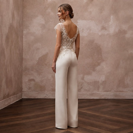 Elegant Champagne Silk Jumpsuit for Civil Wedding Ceremony - Apparel & Accessories > Clothing > Wedding & Bridal Party Dresses > Wedding Dresses - Mignonette Bridal