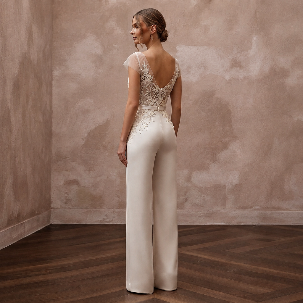 Elegant Champagne Silk Jumpsuit for Civil Wedding Ceremony