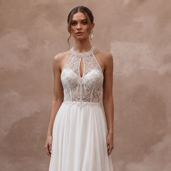 Elegant Chiffon A - Line Wedding Dress for a Beach Wedding - Apparel & Accessories > Clothing > Wedding & Bridal Party Dresses > Wedding Dresses - Mignonette Bridal