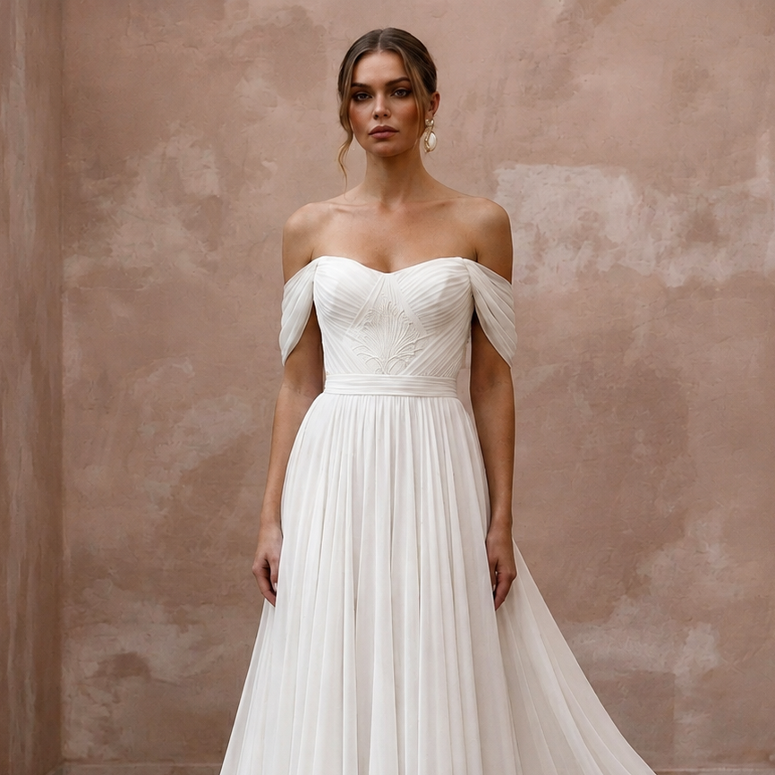Elegant Chiffon Bridal Dress for a European Coastal Wedding