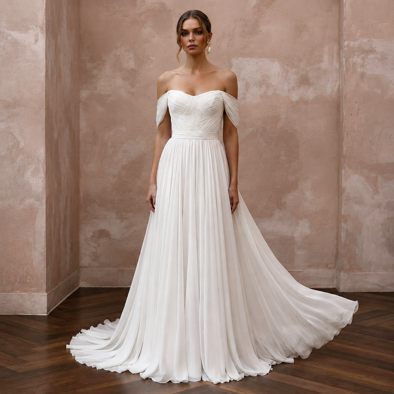Elegant Chiffon Bridal Dress for a European Coastal Wedding