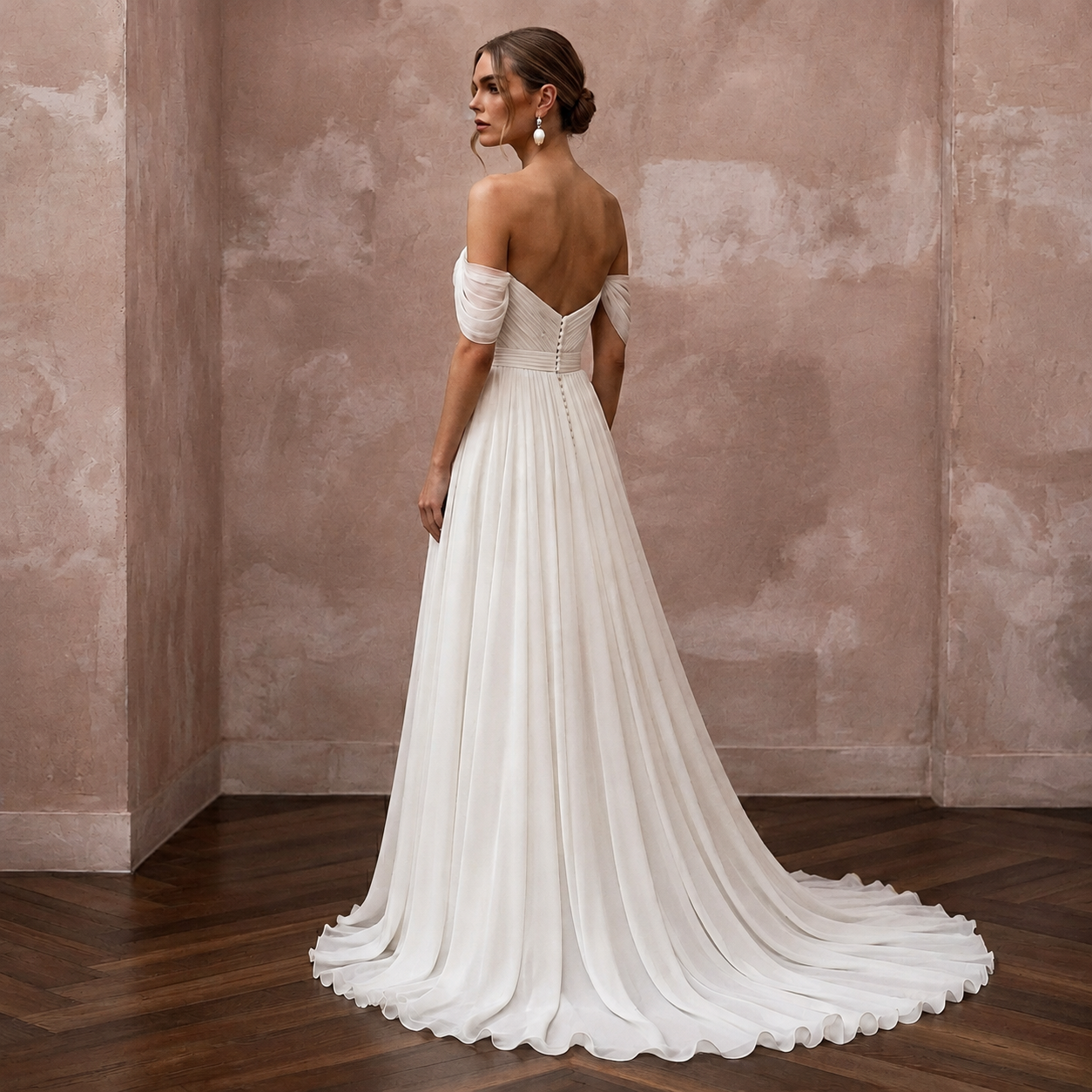 Elegant Chiffon Bridal Dress for a European Coastal Wedding