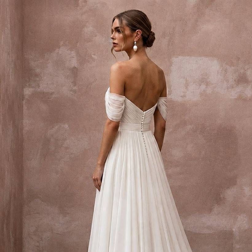 Elegant Chiffon Bridal Dress for a European Coastal Wedding - Apparel & Accessories > Clothing > Wedding & Bridal Party Dresses > Wedding Dresses - Mignonette Bridal