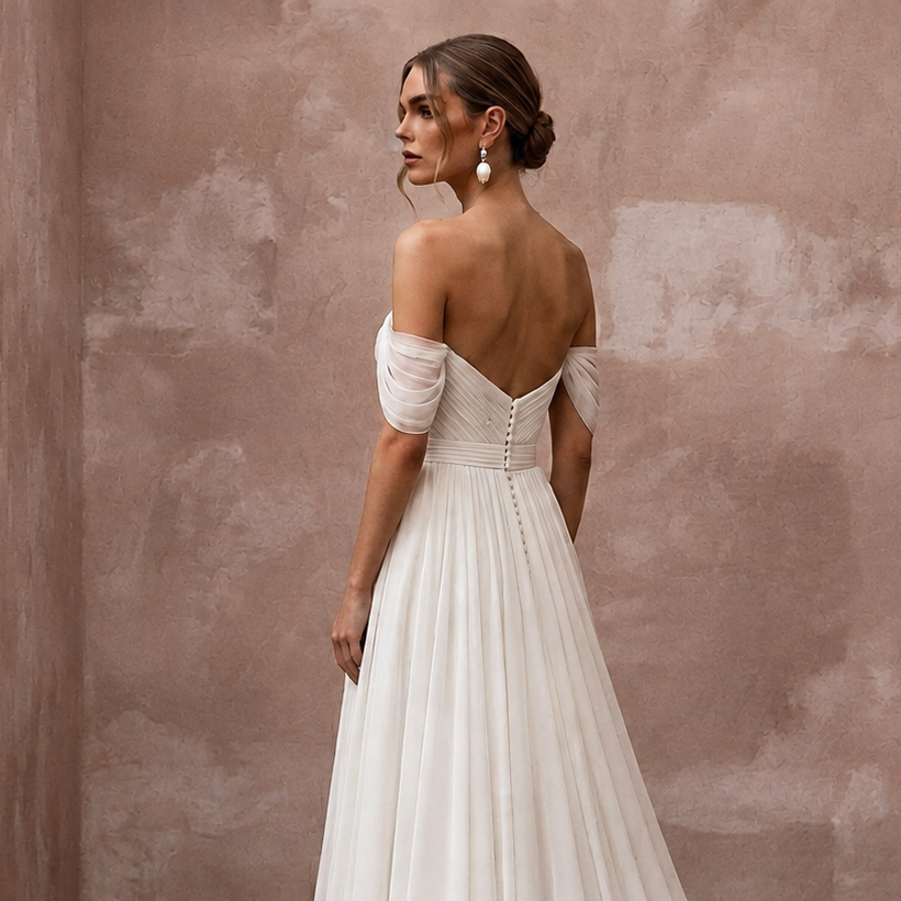Elegant Chiffon Bridal Dress for a European Coastal Wedding