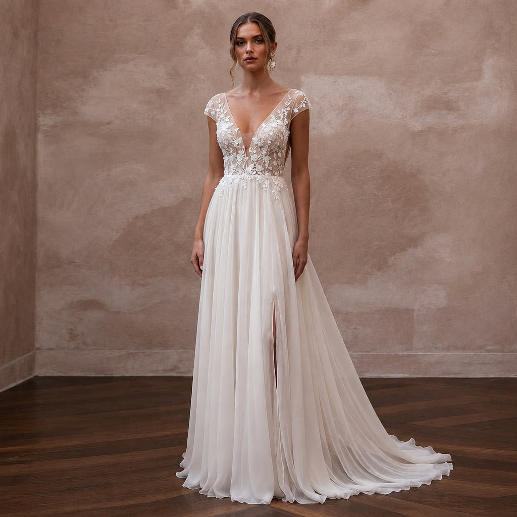 Elegant Chiffon Bridal Dress for a Romantic Vineyard Wedding - Apparel & Accessories > Clothing > Wedding & Bridal Party Dresses > Wedding Dresses - Mignonette Bridal