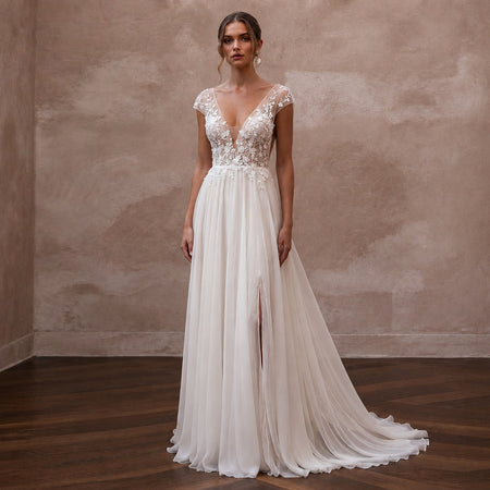 Elegant Chiffon Bridal Dress for a Romantic Vineyard Wedding - Apparel & Accessories > Clothing > Wedding & Bridal Party Dresses > Wedding Dresses - Mignonette Bridal