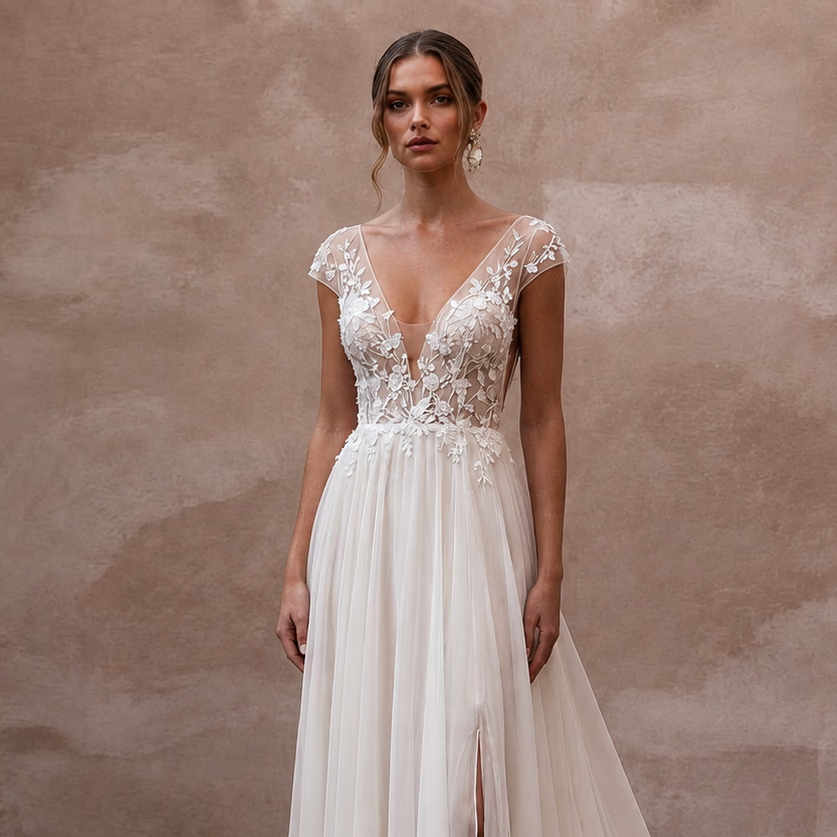 Elegant Chiffon Bridal Dress for a Romantic Vineyard Wedding - Apparel & Accessories > Clothing > Wedding & Bridal Party Dresses > Wedding Dresses - Mignonette Bridal