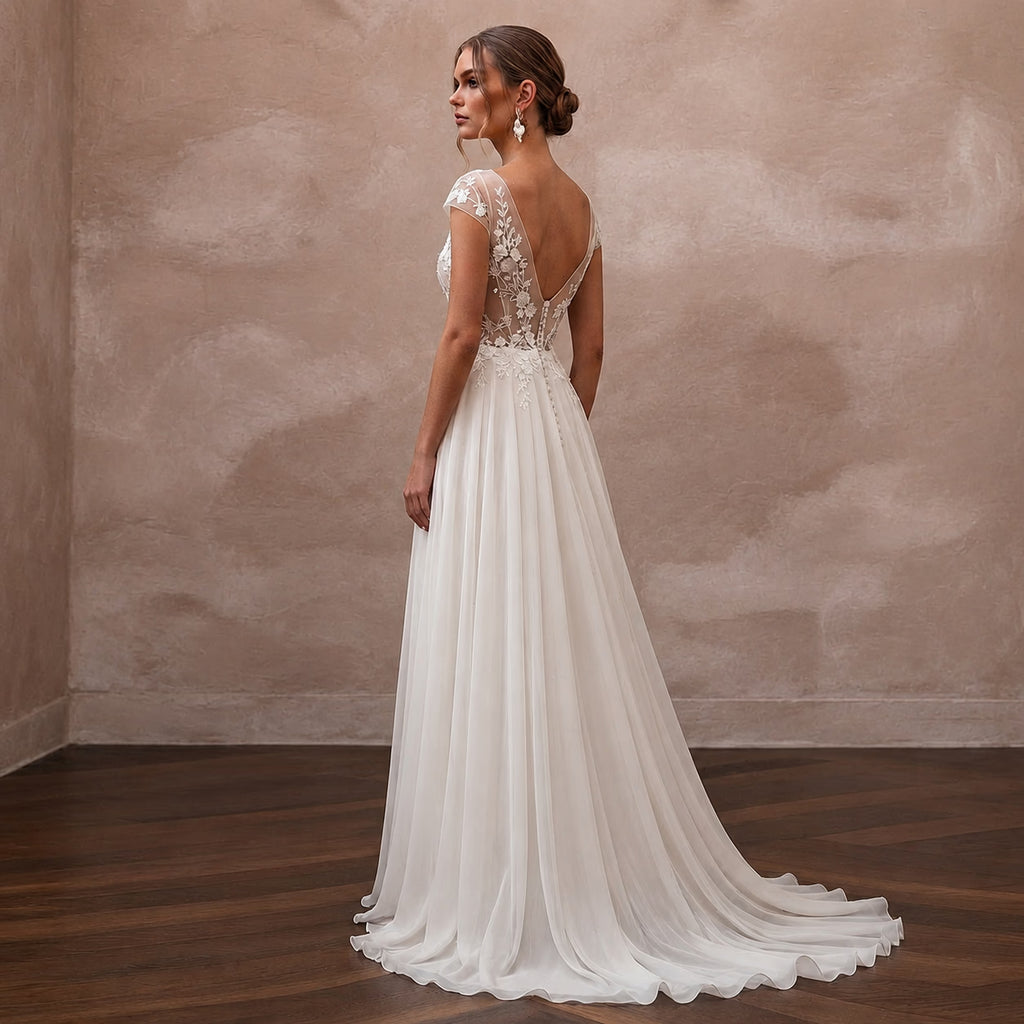 Elegant Chiffon Bridal Dress for a Romantic Vineyard Wedding - Apparel & Accessories > Clothing > Wedding & Bridal Party Dresses > Wedding Dresses - Mignonette Bridal
