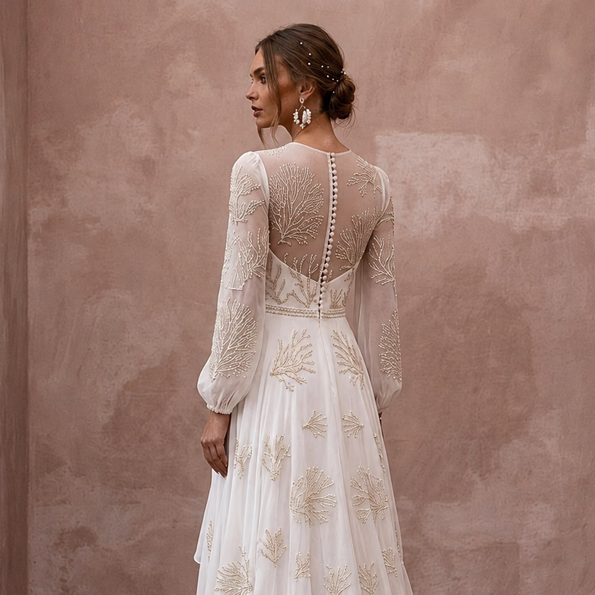 Elegant Chiffon Bridal Gown for an Intimate Destination Wedding - Apparel & Accessories > Clothing > Wedding & Bridal Party Dresses > Wedding Dresses - Mignonette Bridal